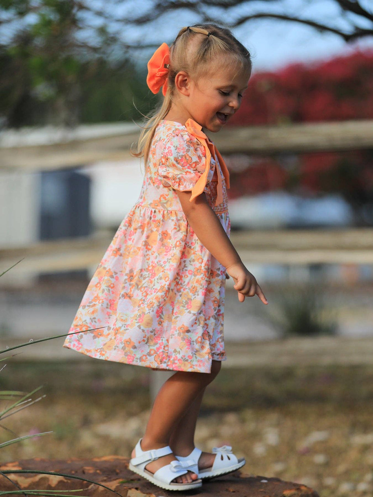 Peachy Bow Smocked Floral Dress