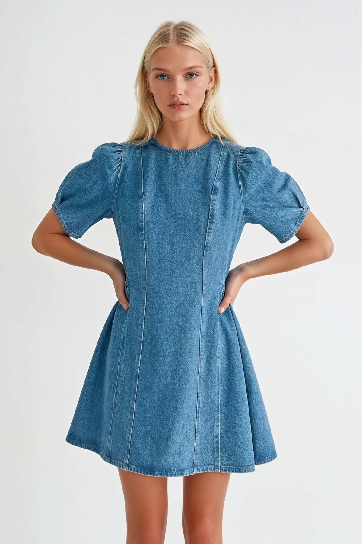 Rigidity Anne Denim A-Line Mini Dress Tie Detail