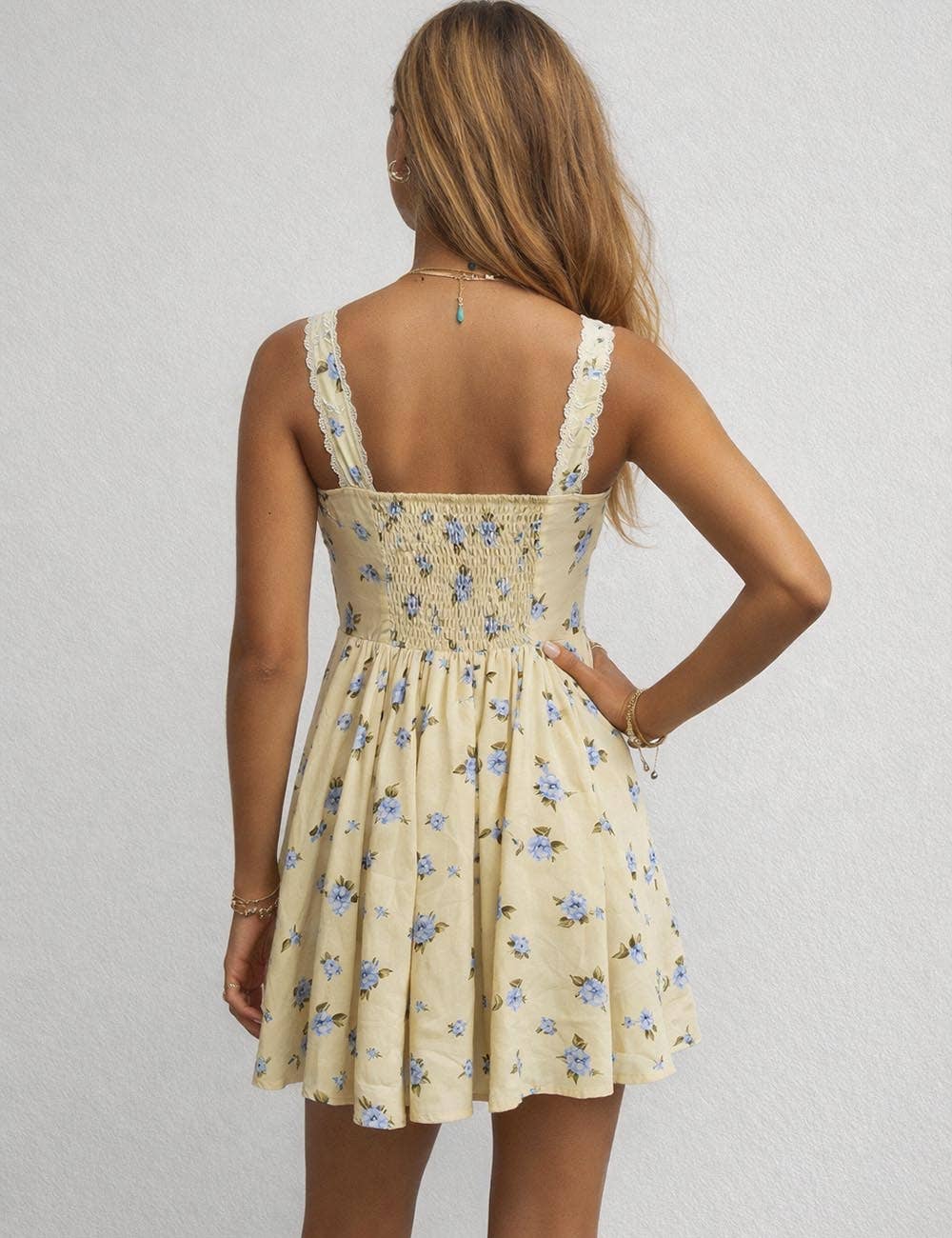 Lemoncello Lace Trim Ruched Mini Dress