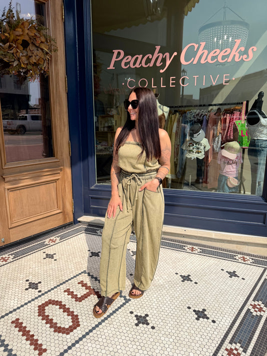 Matcha Mineral Wash Strapless Barrel Jumpsuit