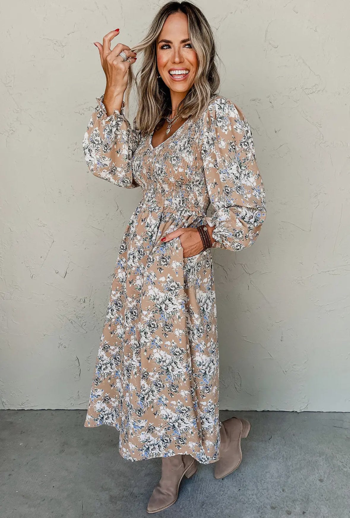Maple Grove Smocked Long Sleeve Dress RTS