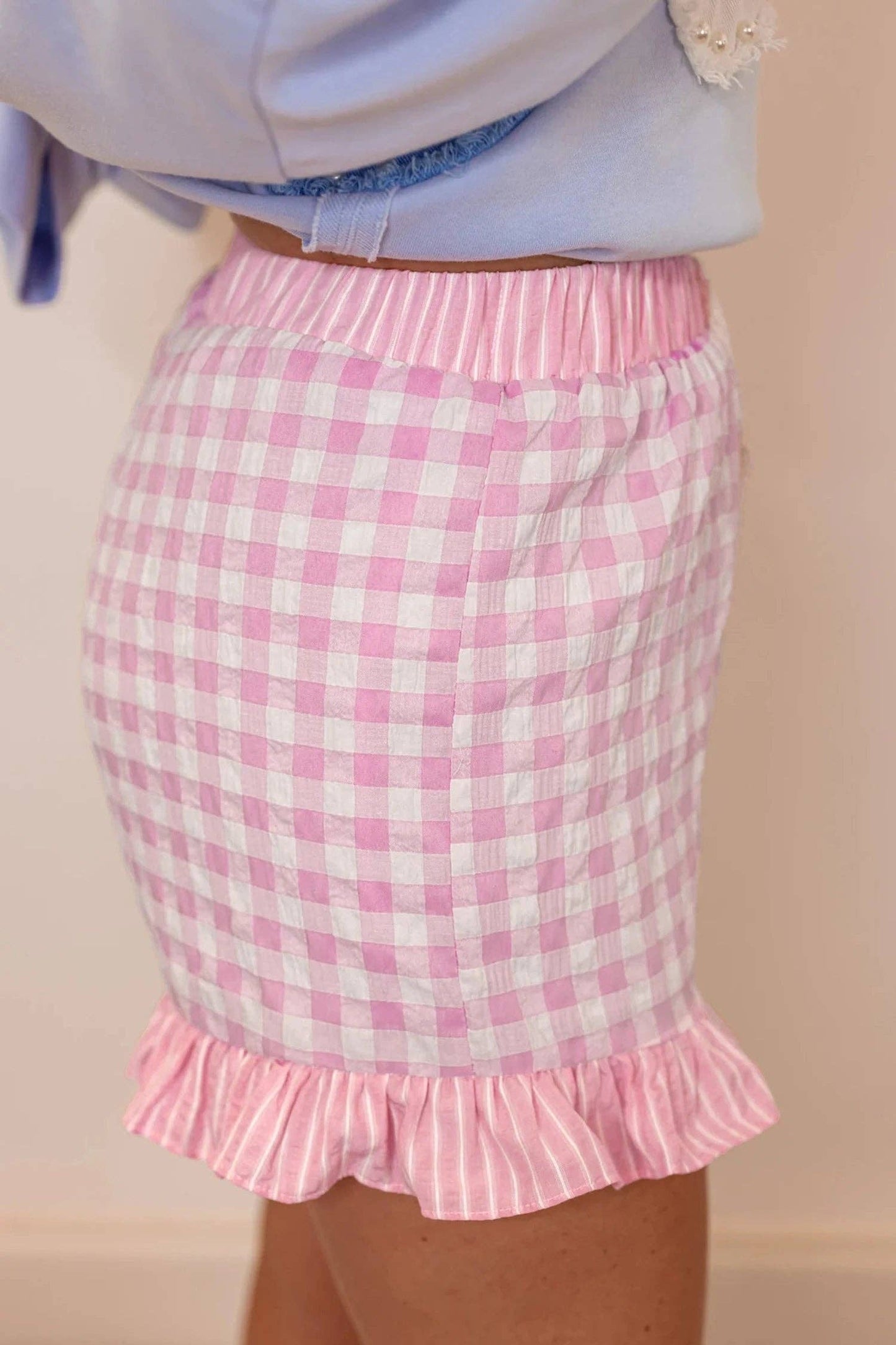 Gingham Ruffle Hem High Waist Summer Shorts
