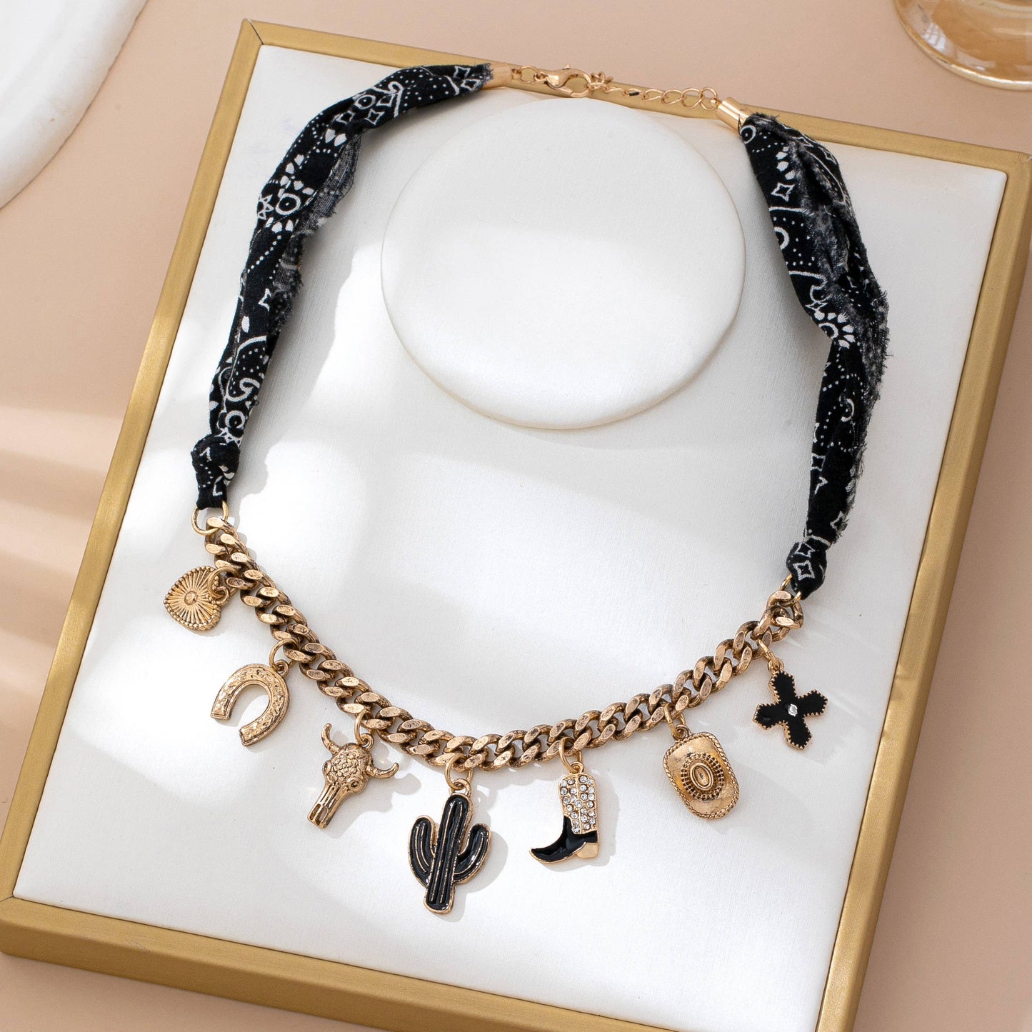 Gold Wild Chunky Chain Necklace + Black Paisley Bandana