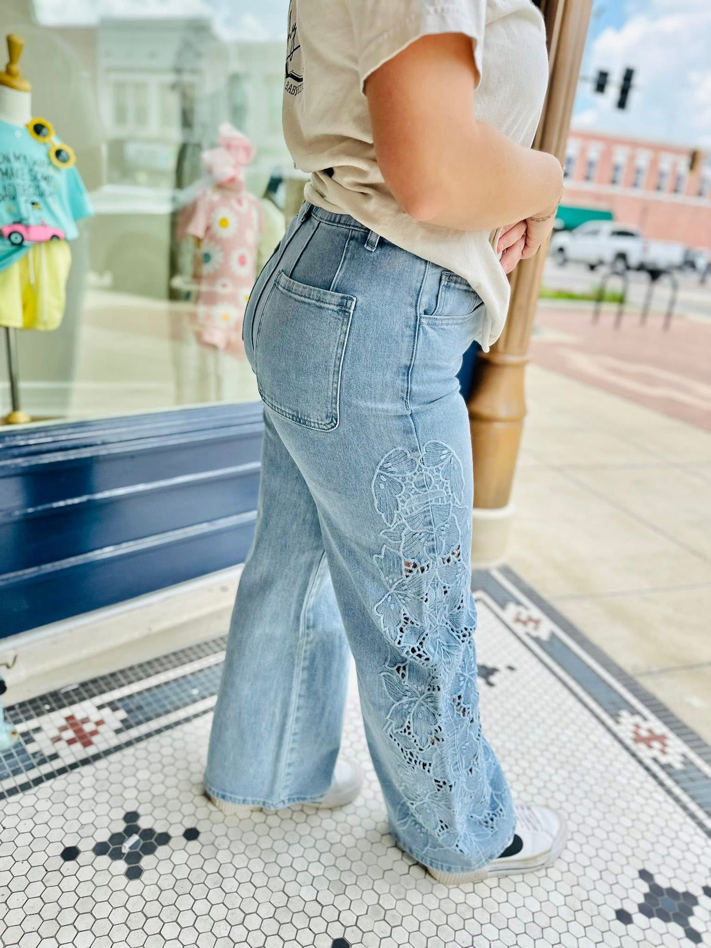 Floral Cutout Wide Leg Denim