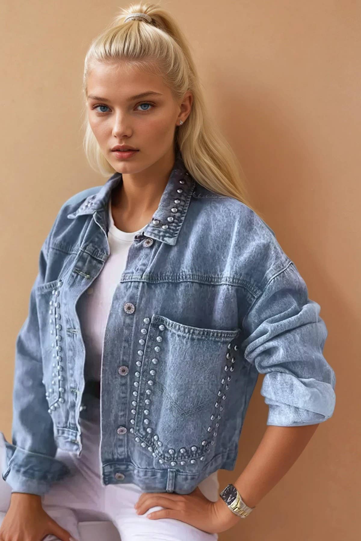 Studded Crop Washed Denim Jacket