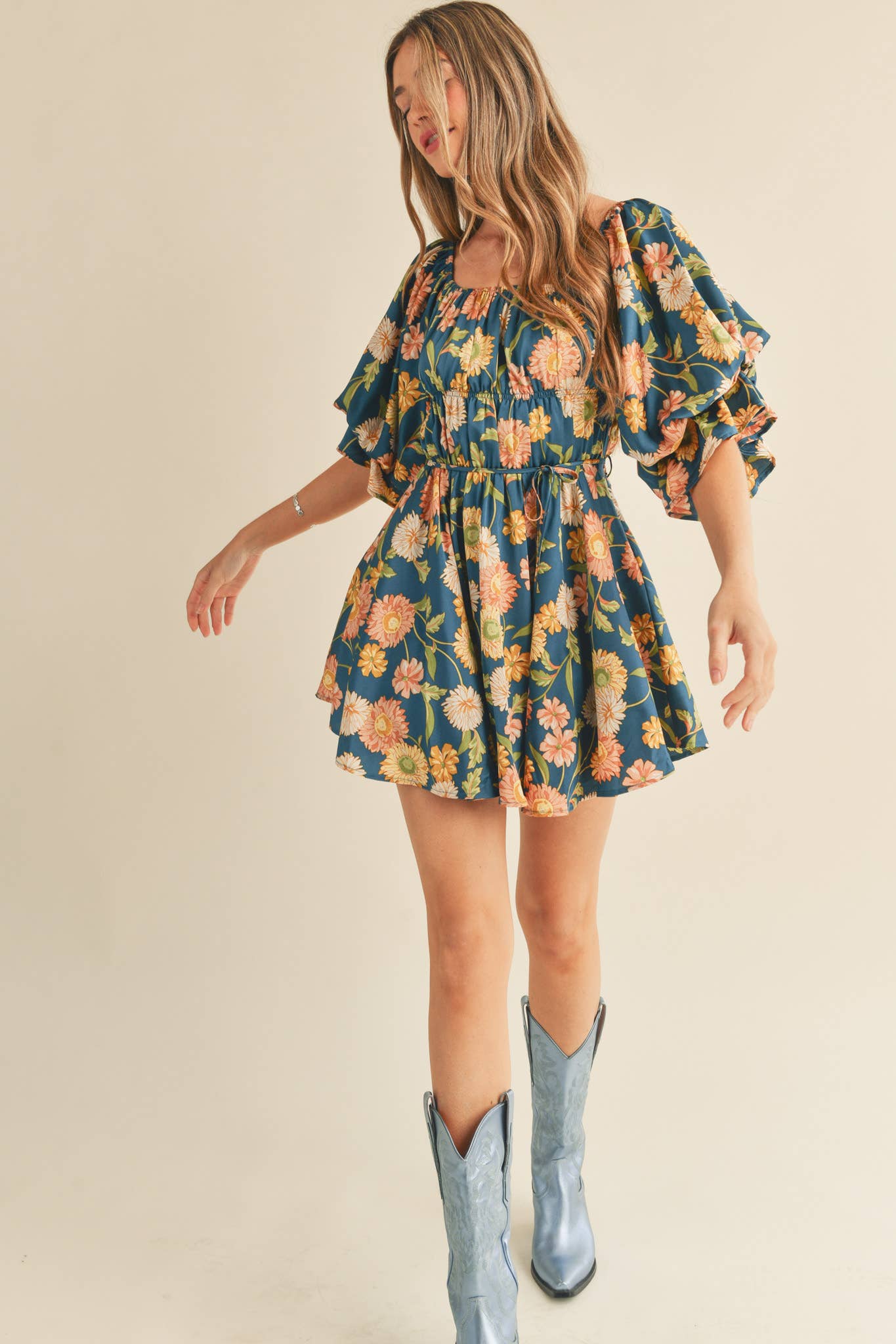 Eleighny Exclusive Satin Vintage Floral Bubble Sleeve Mini Dress