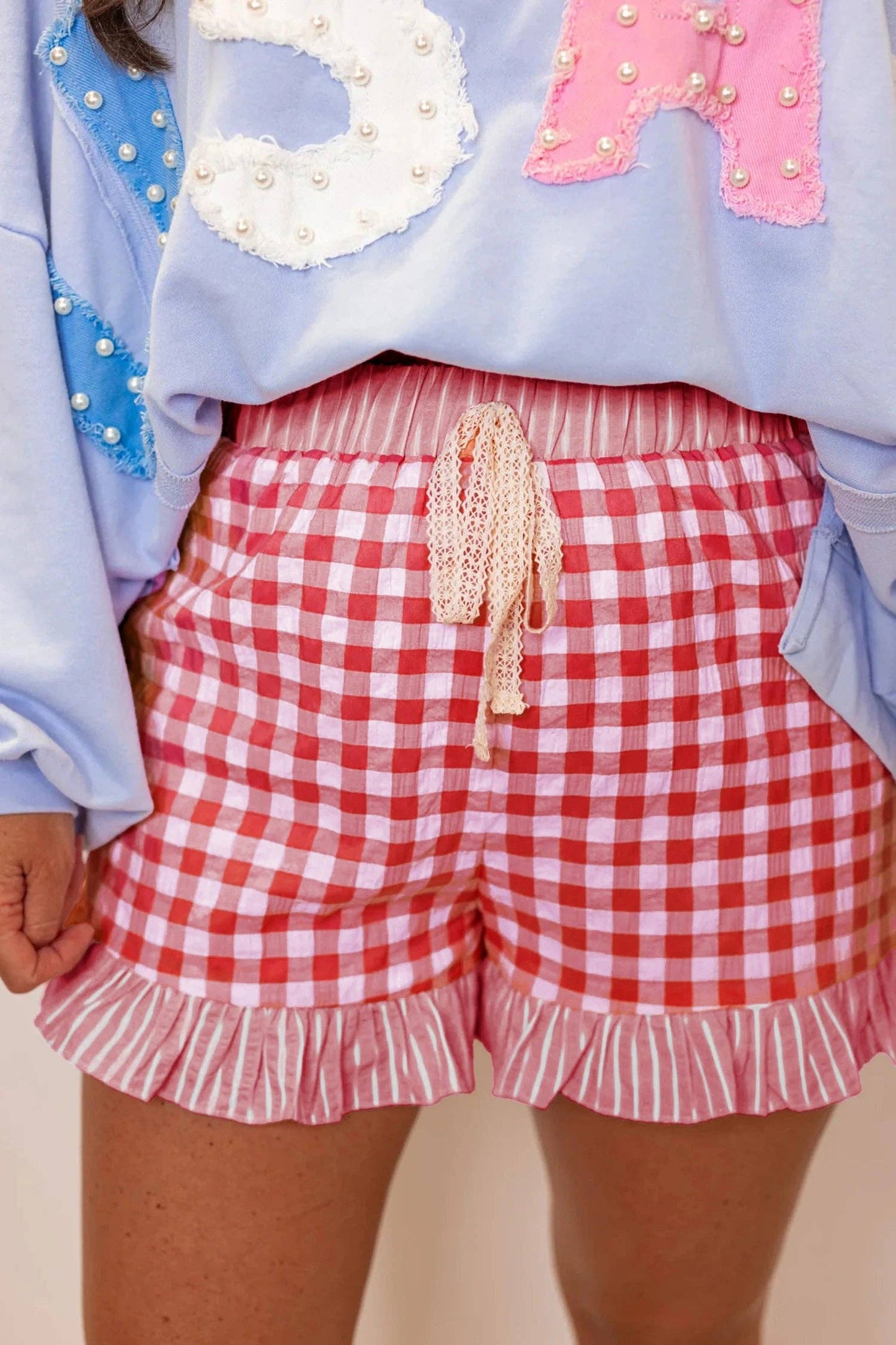 Gingham Ruffle Hem High Waist Summer Shorts