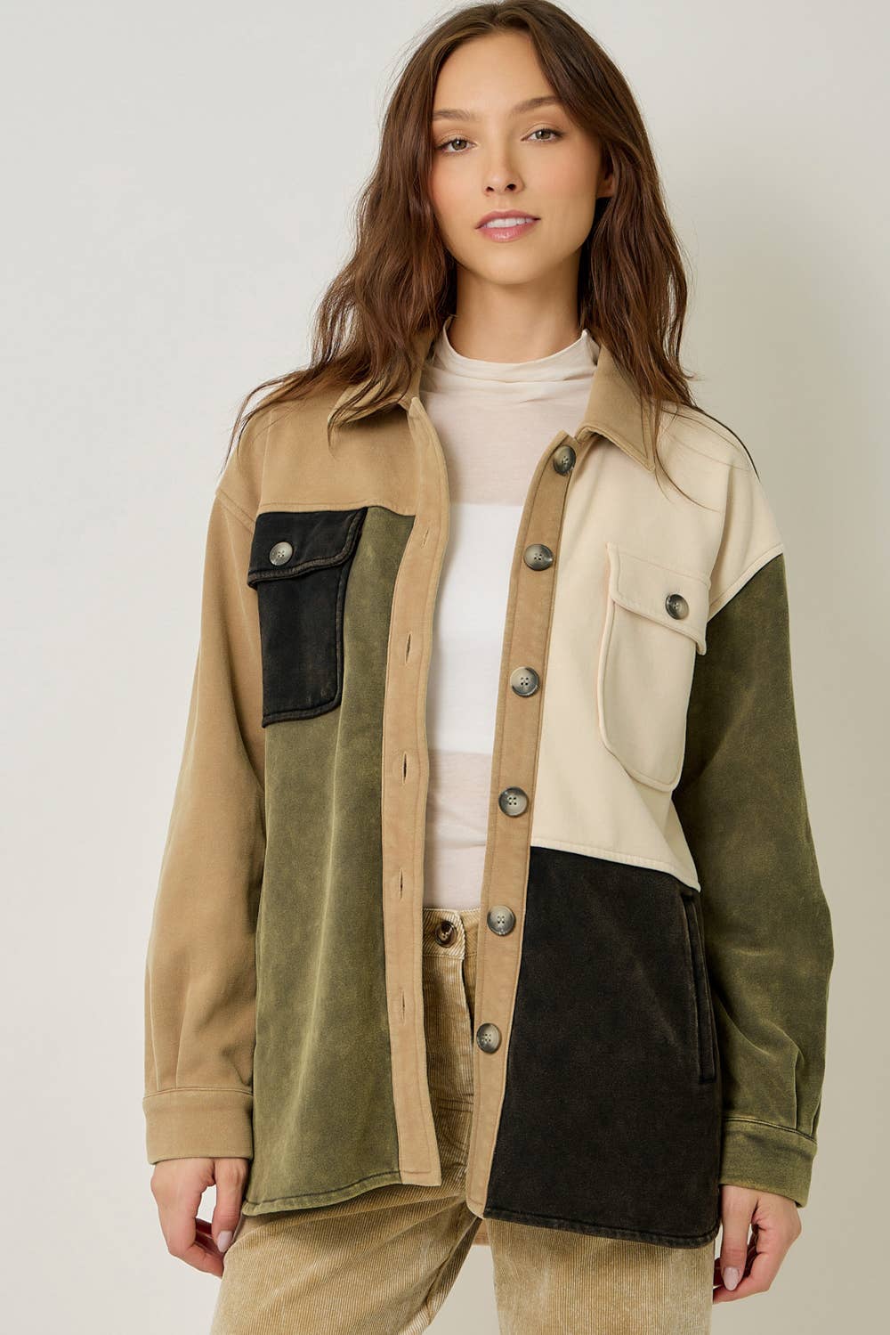 Olive Color Block Washed Shacket