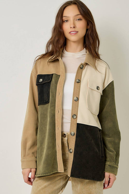 Olive Color Block Washed Shacket