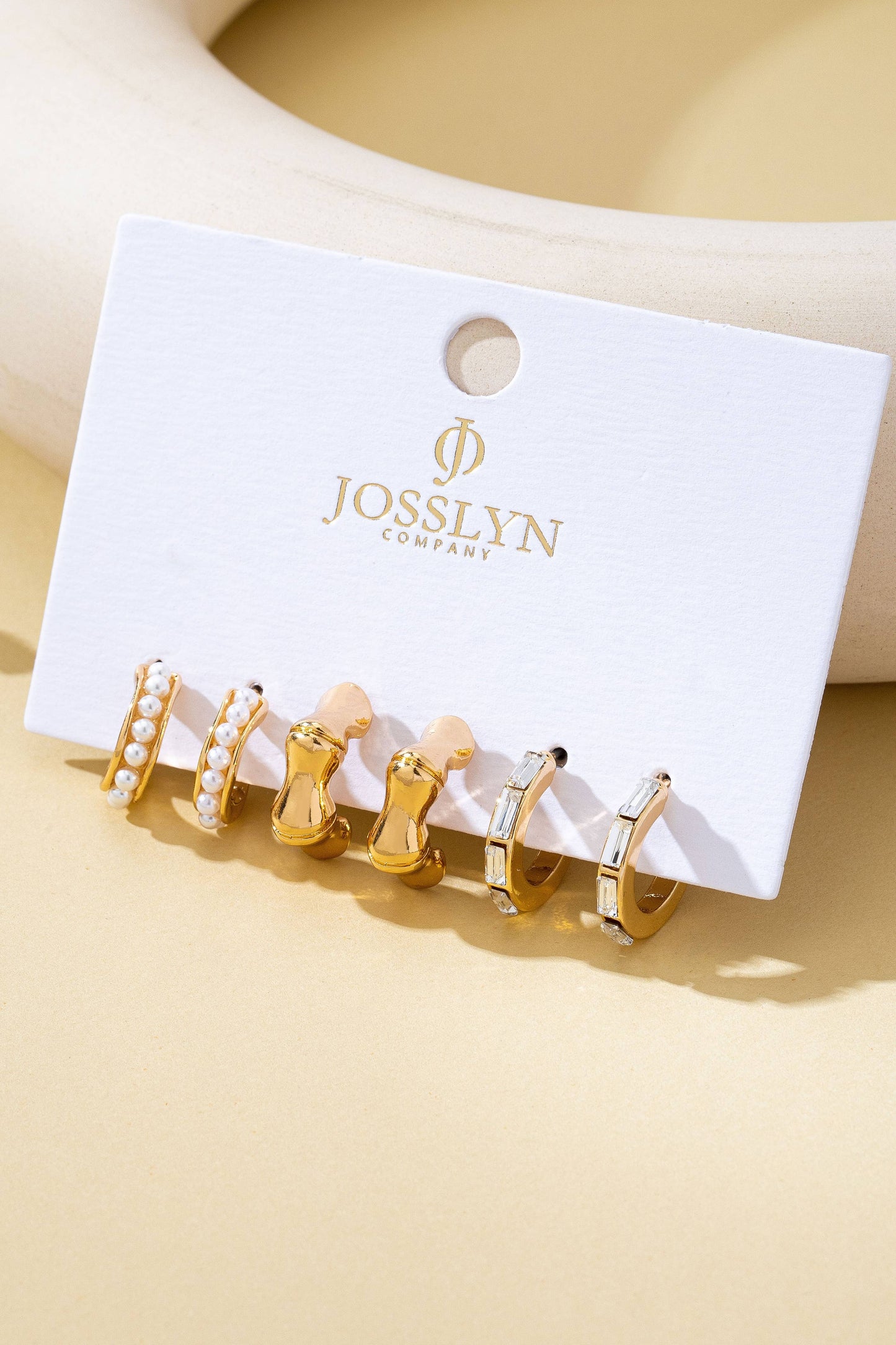 Pearl Rhinestone + Gold Bamboo Multi Hoop Trio Earrings