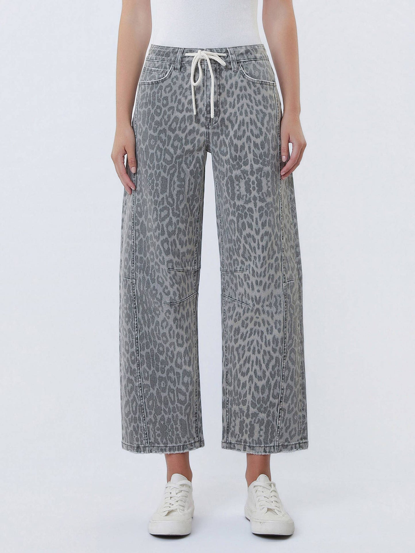 Callie High Rise Drawstring Grey Washed Leo Barrel Denim