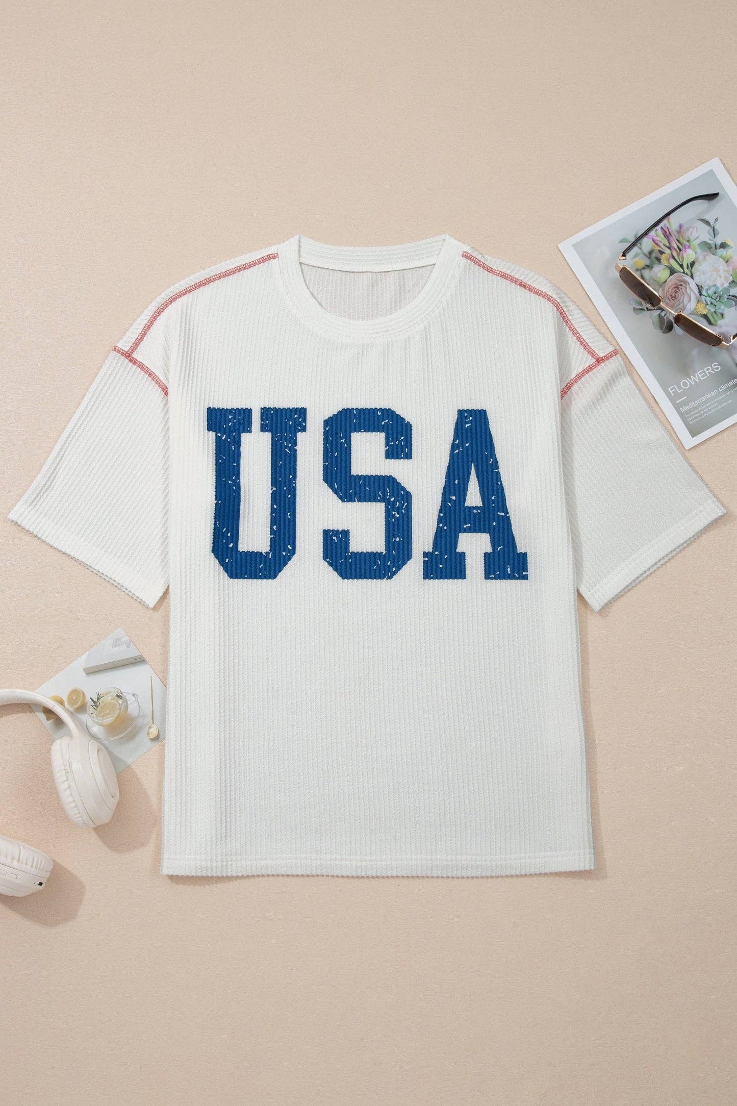 USA Ribbed Graphic Top Loose Fit Flag Day July 4th