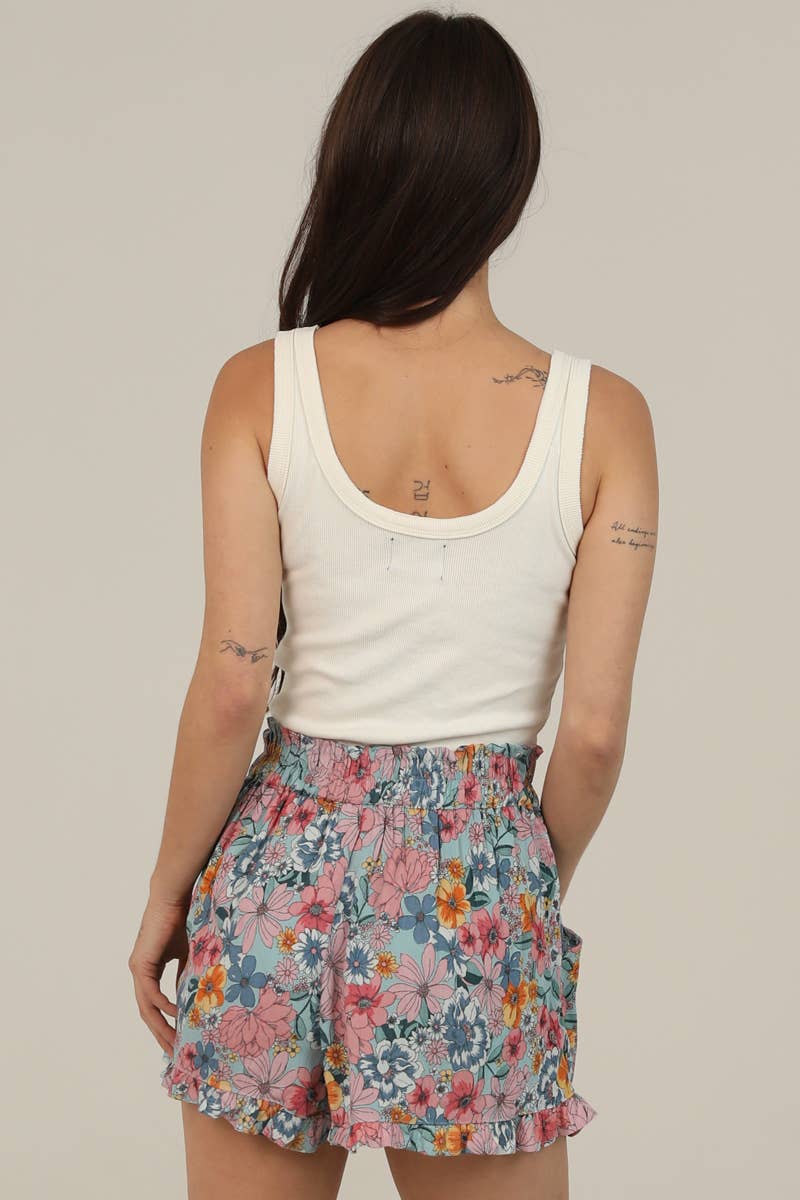 Flower Garden Print Ruffle Hem Shorts