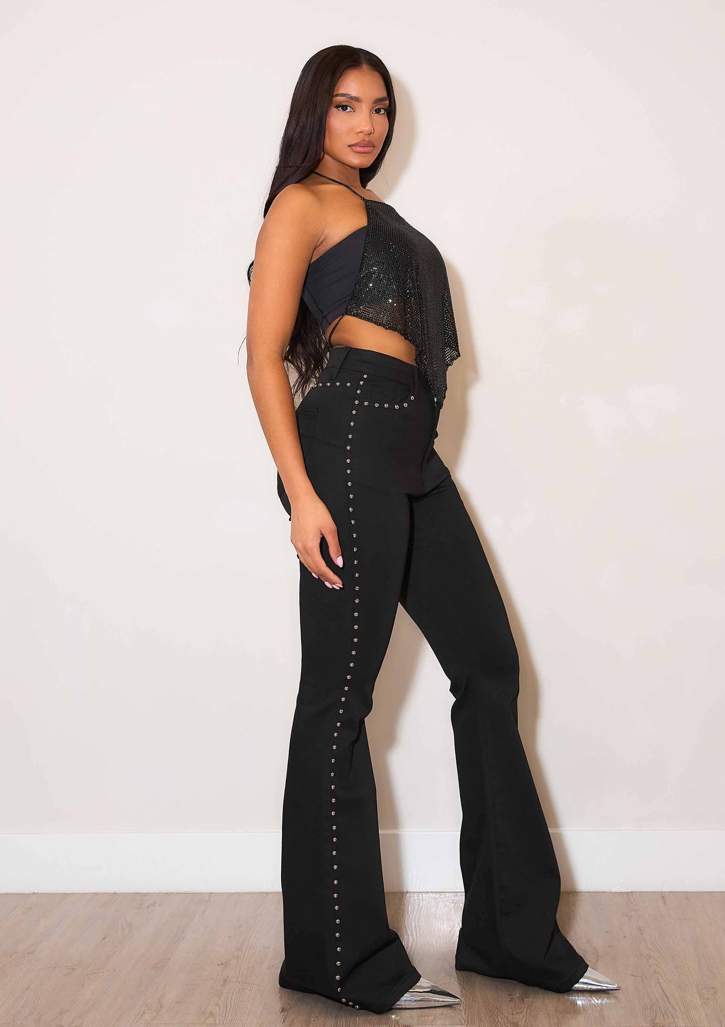 Black High-Rise Studded Flare Jeans