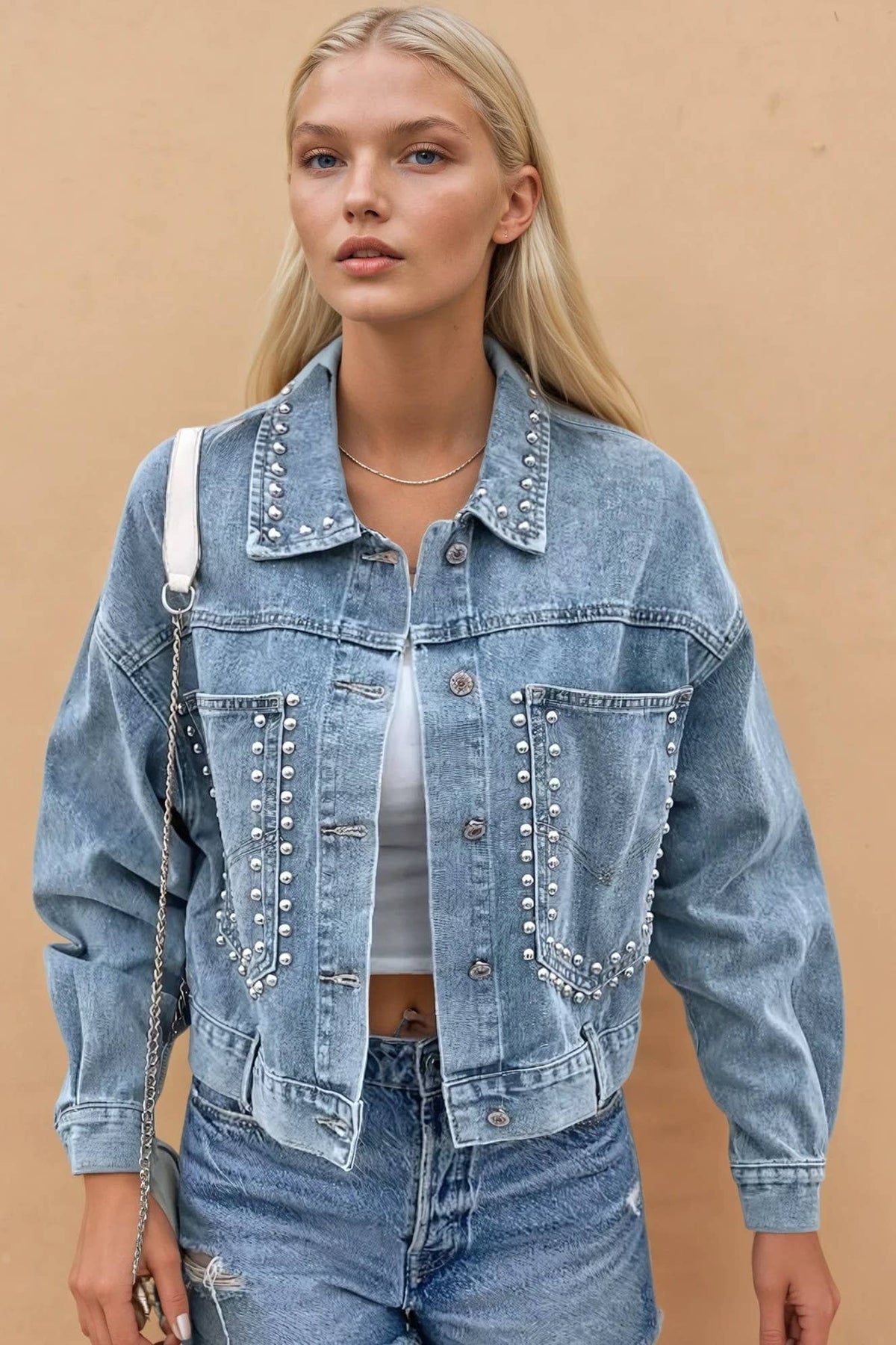 Studded Crop Washed Denim Jacket