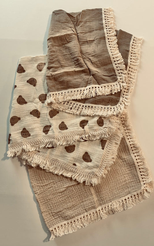 Darker Mocha Muslin Swaddle Blanket With Boho Trim RTS