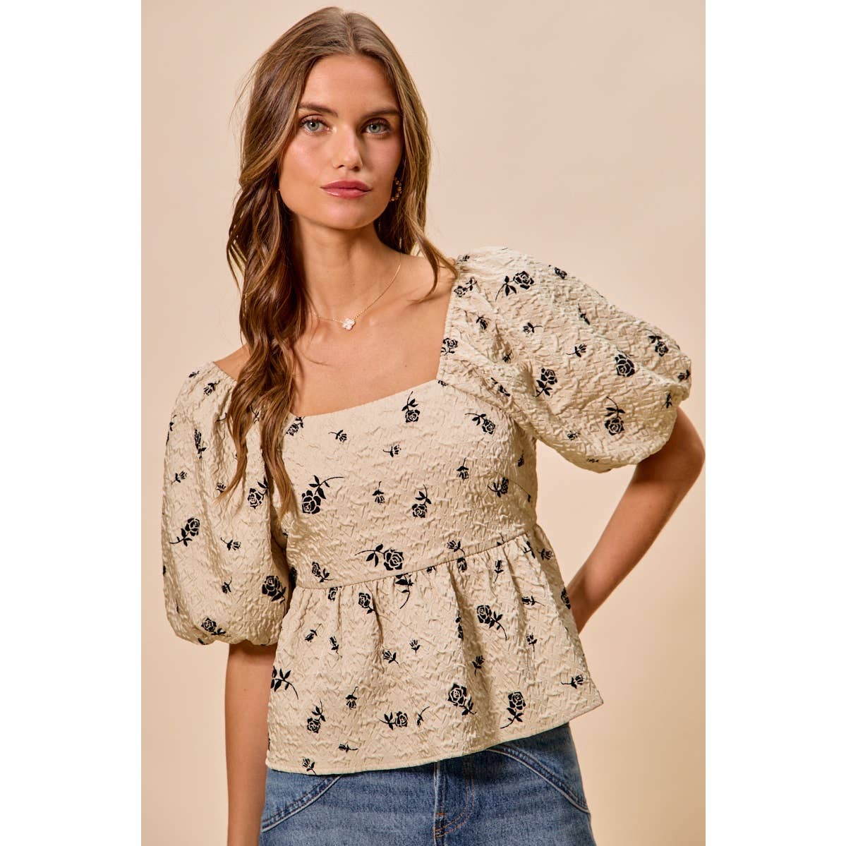 Rochelle Rose Velvet Detail Peplum Top