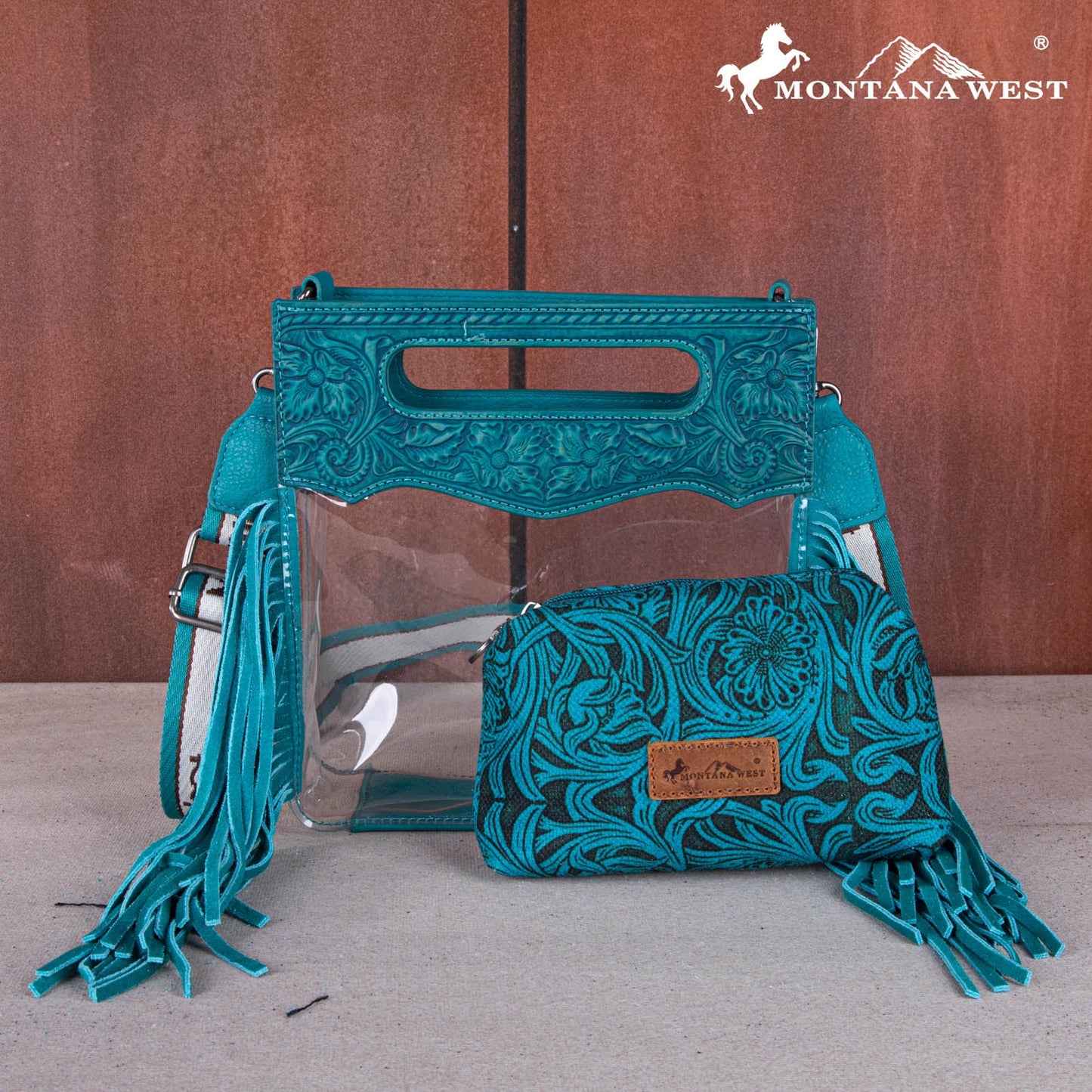 Montana Tooled Leather Clear Stadium Crossbody + Wallet - Turquiose