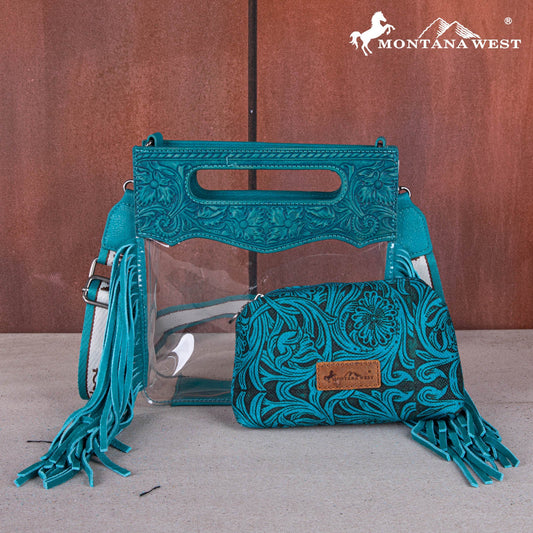 Montana Tooled Leather Clear Stadium Crossbody + Wallet - Turquiose