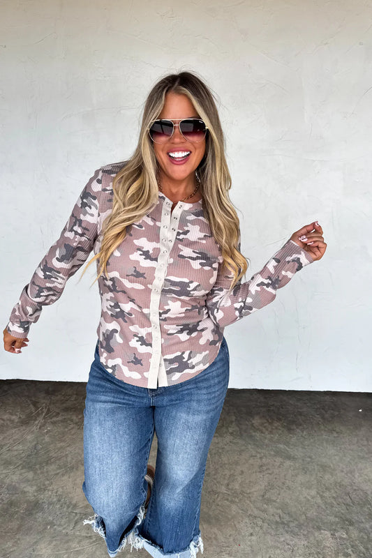 Kori Camo Snap Button Waffle Top