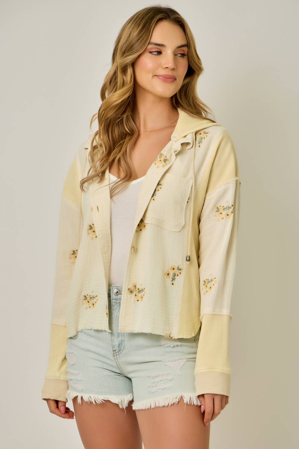 Ashlyn Washed Embroidery Hooded Shacket