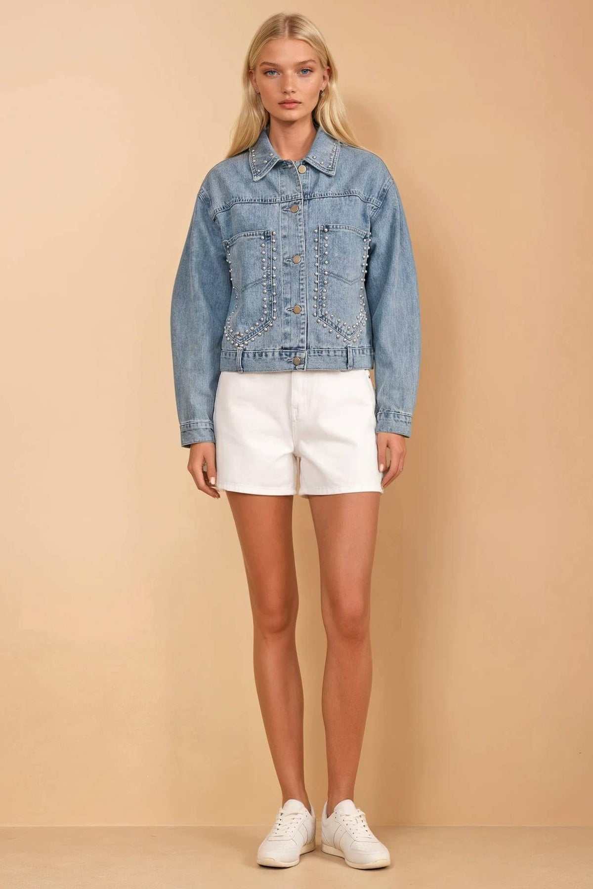 Studded Crop Washed Denim Jacket