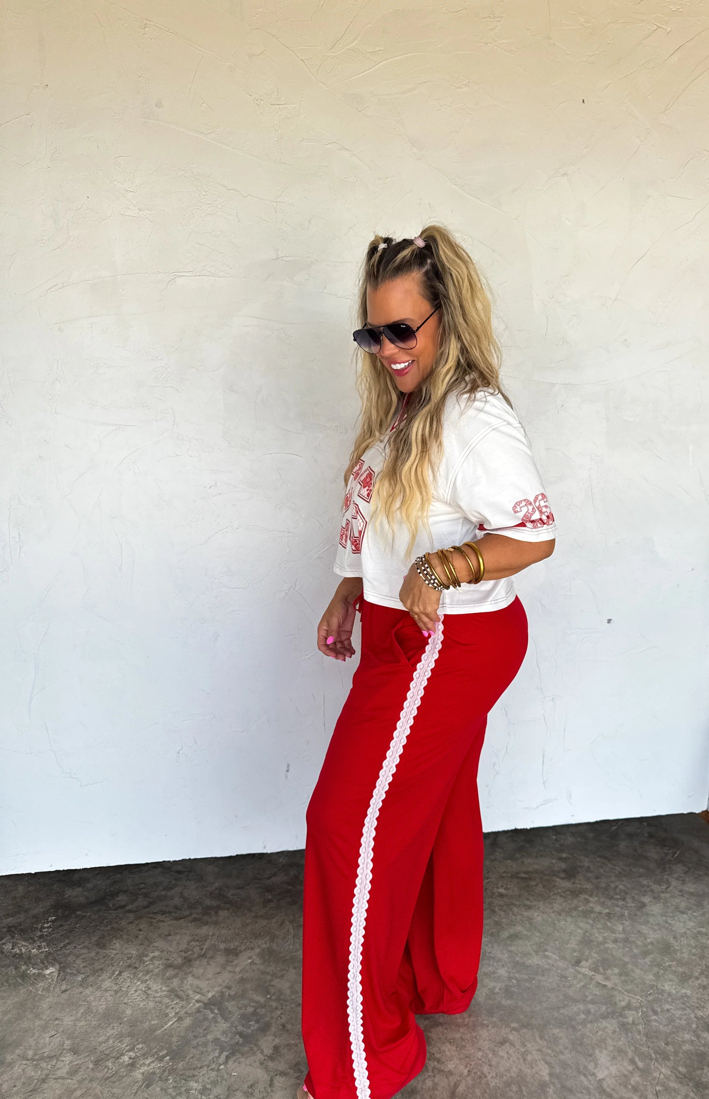 Lace Trim Varsity Track Butter Pants