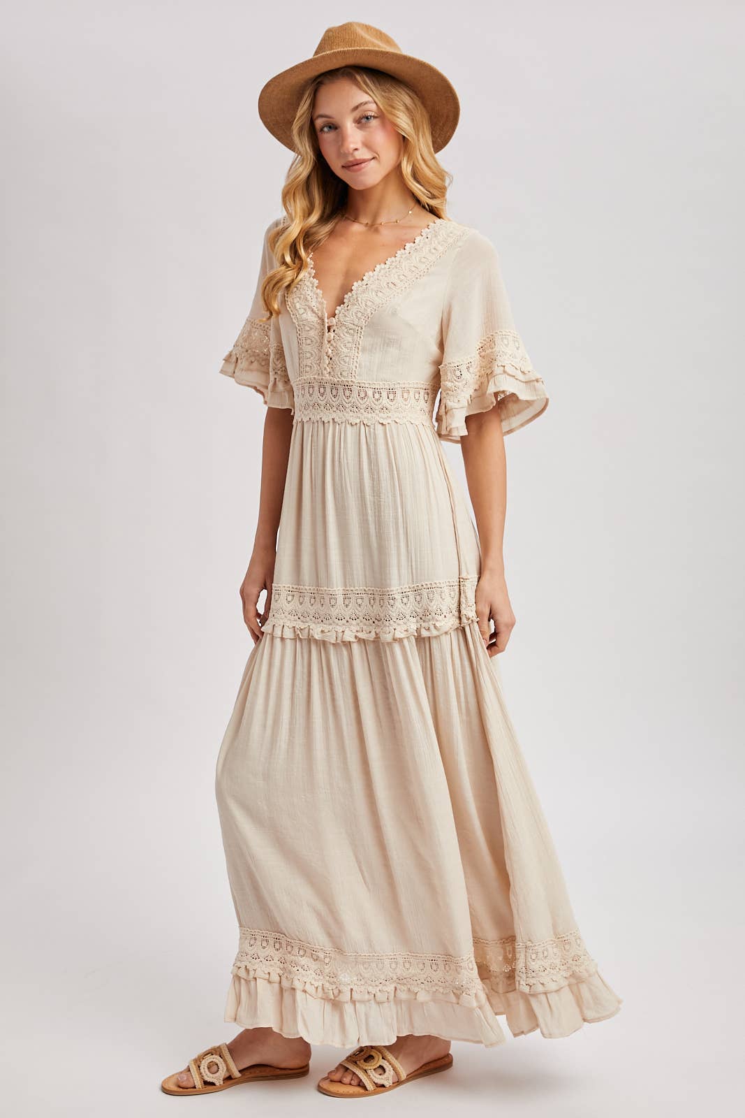 Ava V-Neck Lace Trim Maxi Dress
