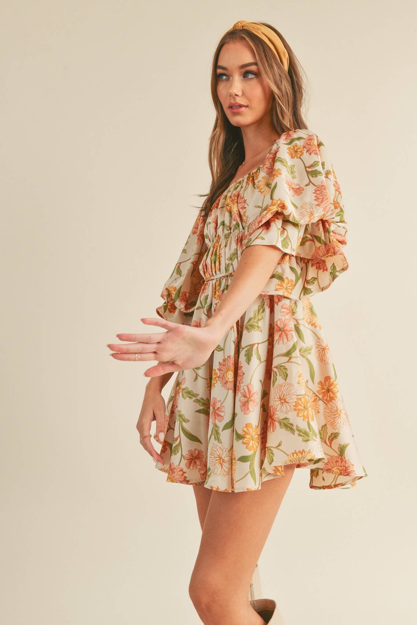Eleighny Exclusive Satin Vintage Floral Bubble Sleeve Mini Dress