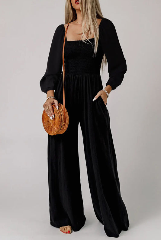 Check Your Facts Square Neck Smocked Long Sleeve Jumpsuit