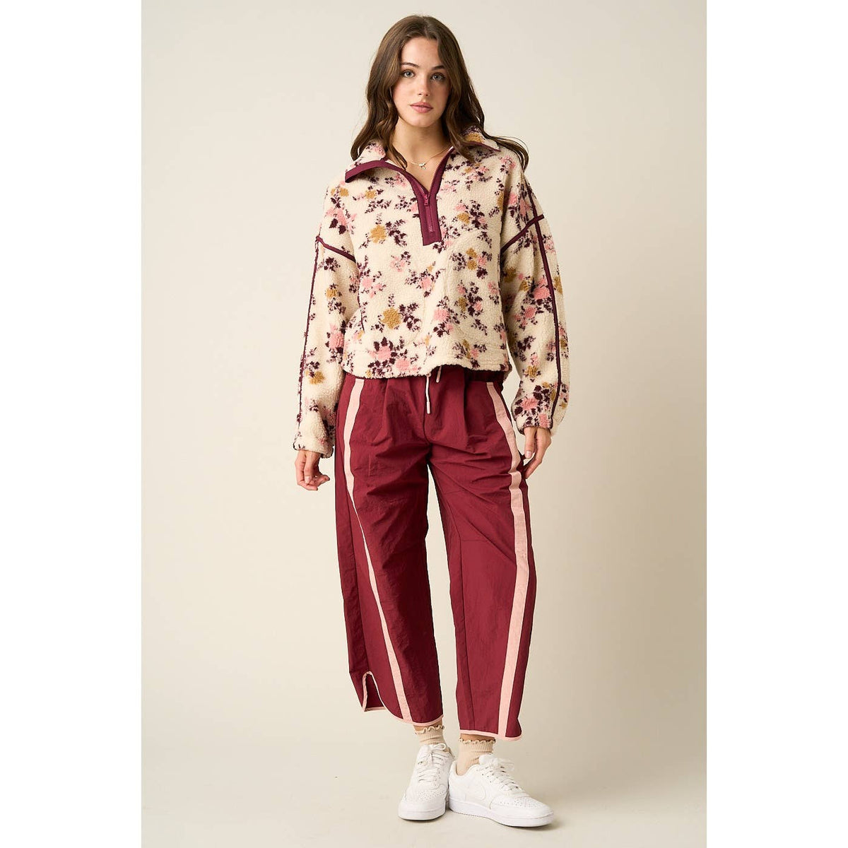Floral Half-Zip Contrast Fleece Pullover