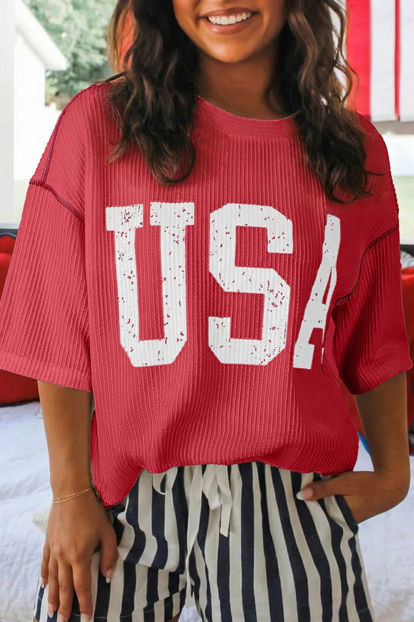 USA Ribbed Graphic Top Loose Fit Flag Day July 4th