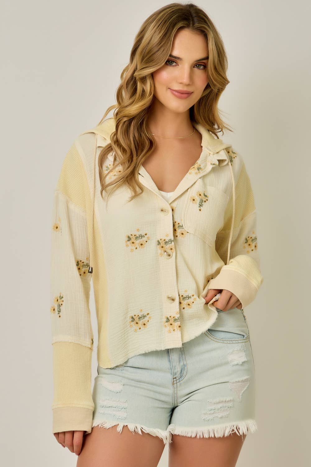 Ashlyn Washed Embroidery Hooded Shacket