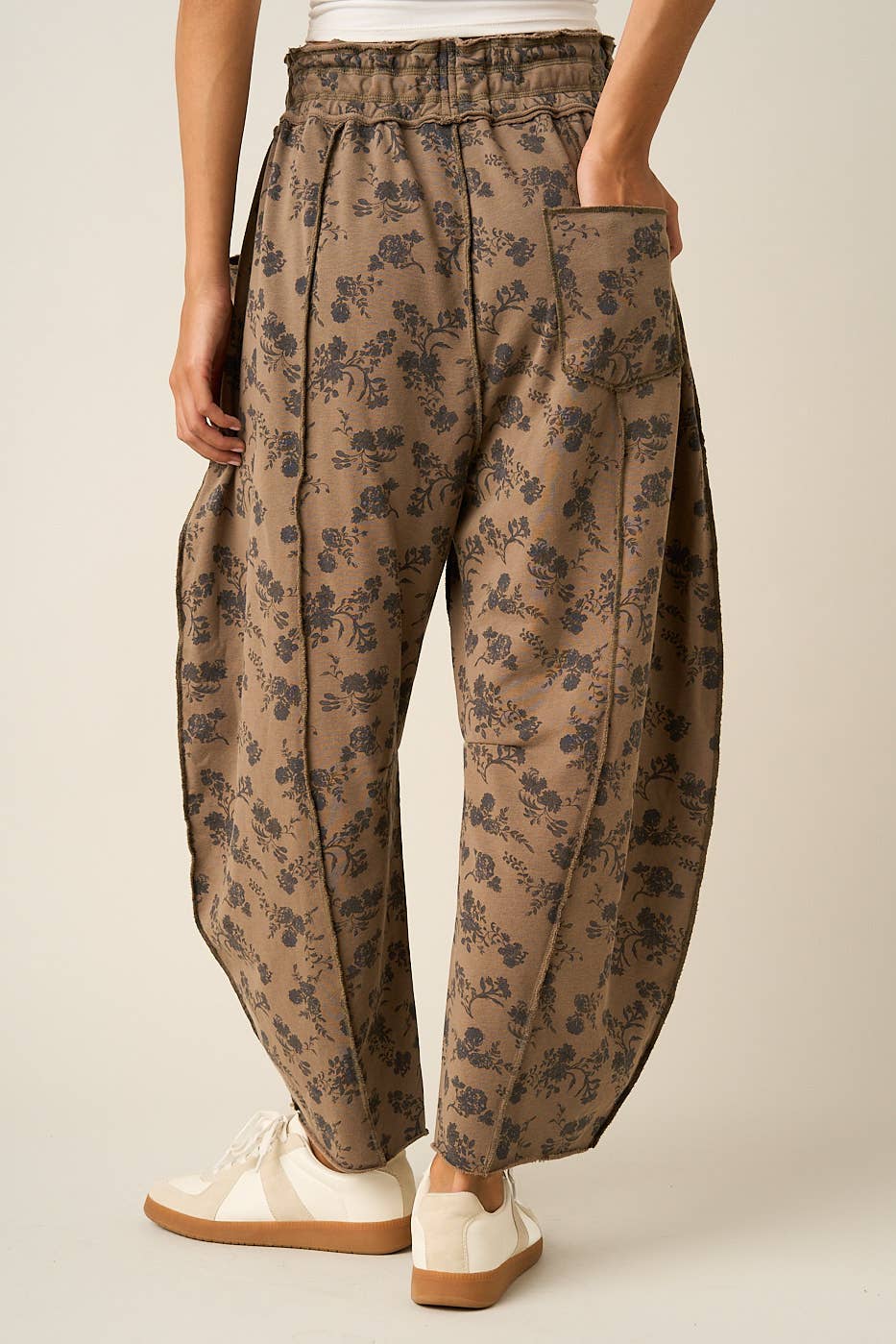 Mocha Floral Seam Detail Barrel Pants