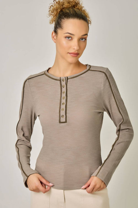 Shelly Suede Piping Henley Top