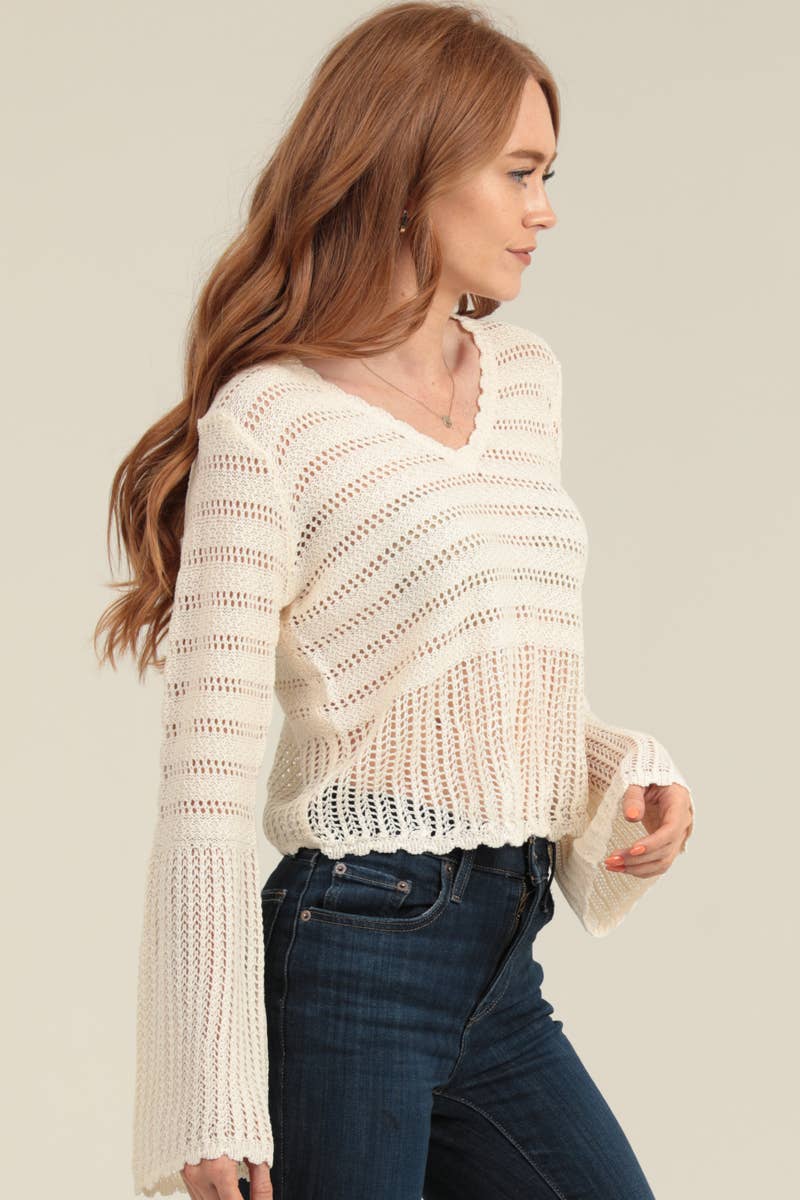 Jori Flare Sleeve Lightweight Open Knit Sweater