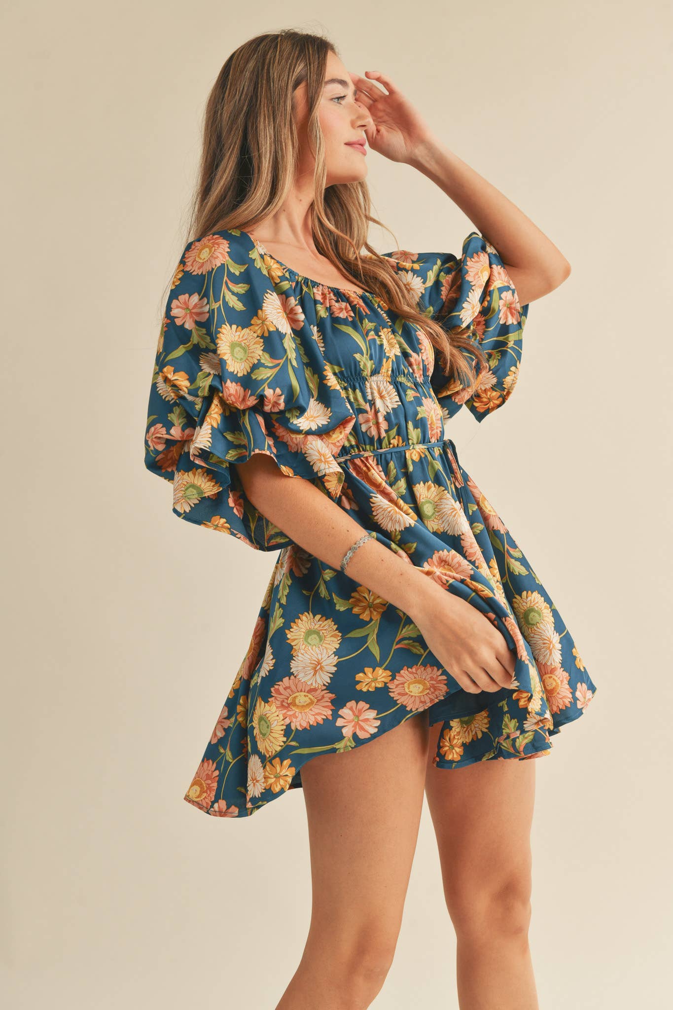 Eleighny Exclusive Satin Vintage Floral Bubble Sleeve Mini Dress