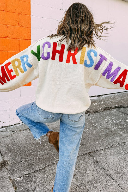 Retro Merry Christmas Varsity Knit Sweater RTS