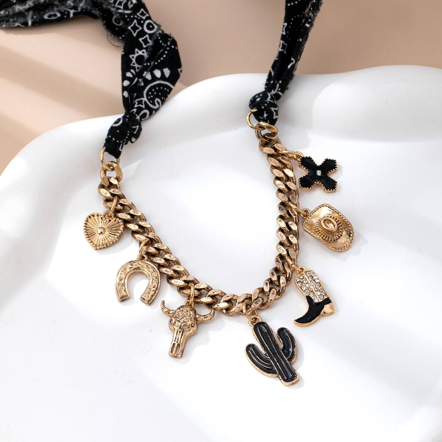 Gold Wild Chunky Chain Necklace + Black Paisley Bandana