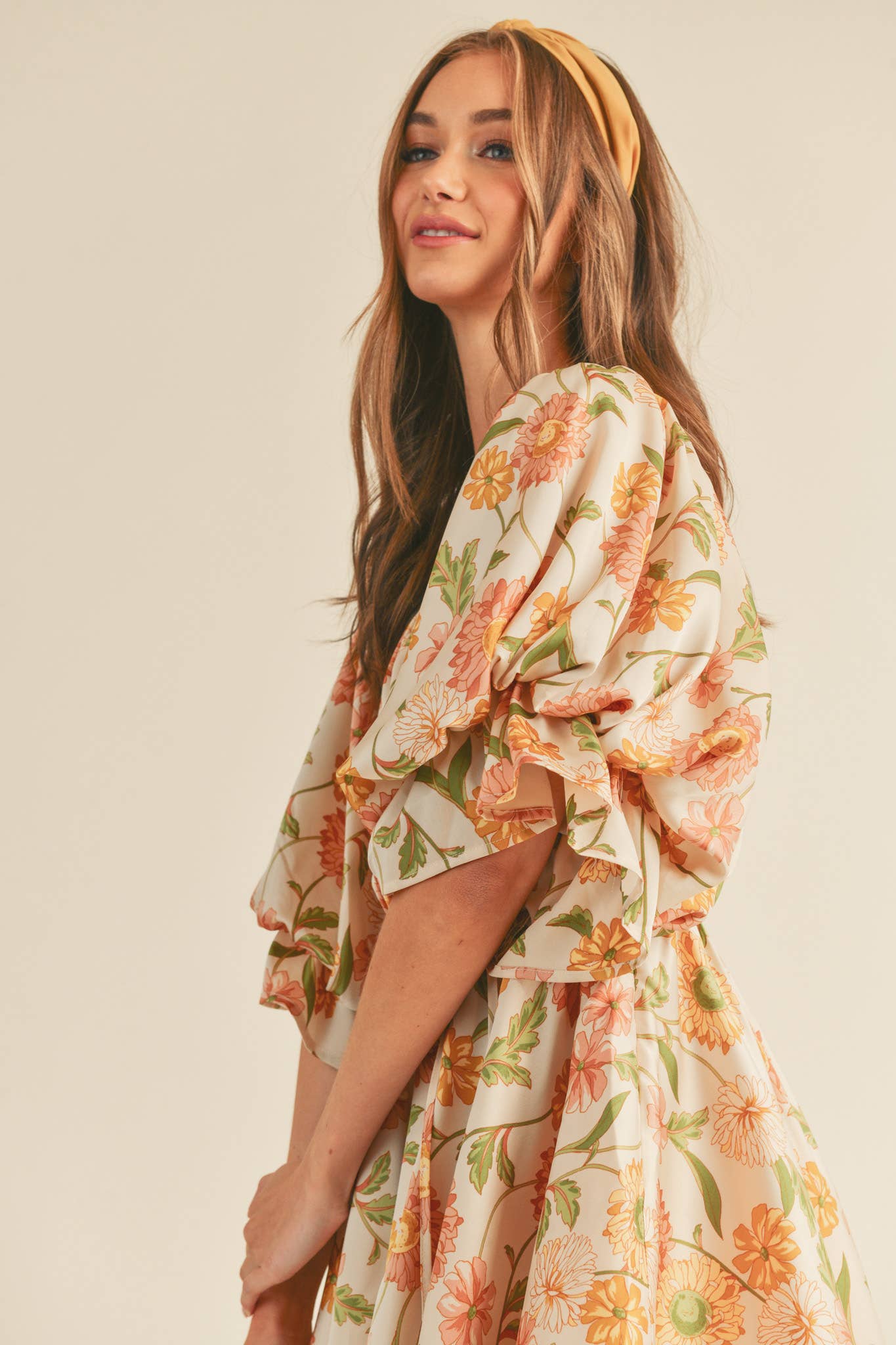 Eleighny Exclusive Satin Vintage Floral Bubble Sleeve Mini Dress