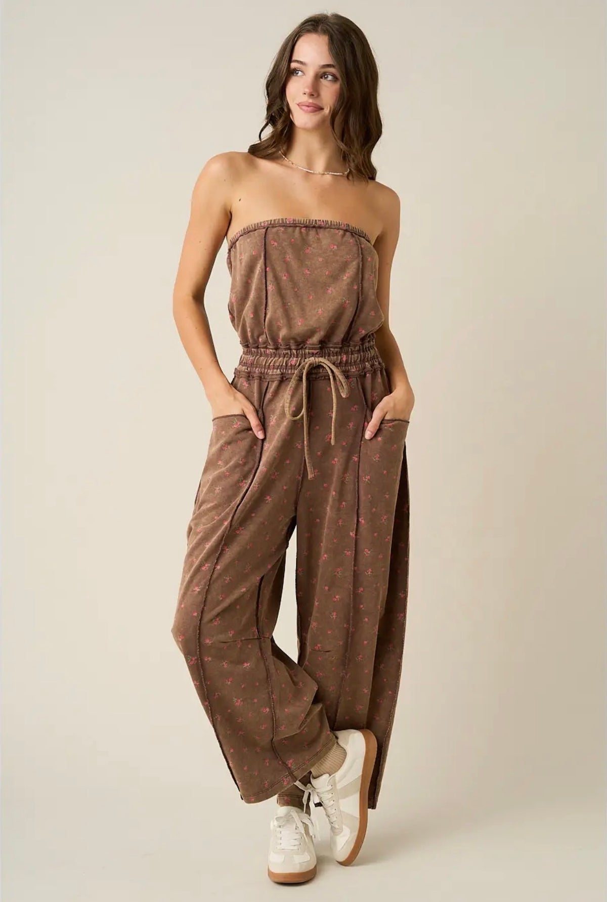 Mocha Floral Mineral Wash Contrast Stitch Barrel Leg Jumpsuit