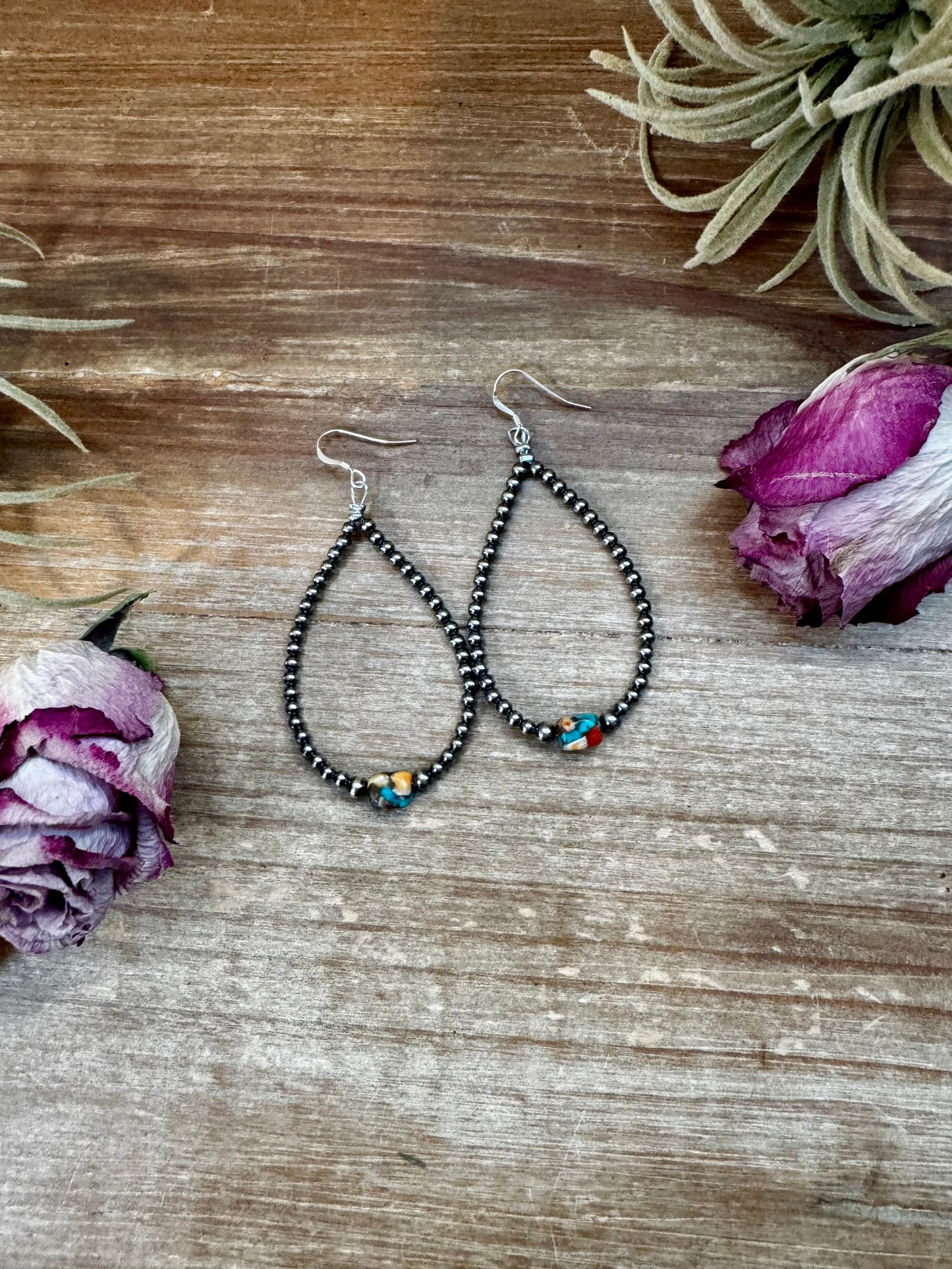 Mixed Turquoise & Spiny Oyster Teardrop Earrings – Sterling Silver Pearls