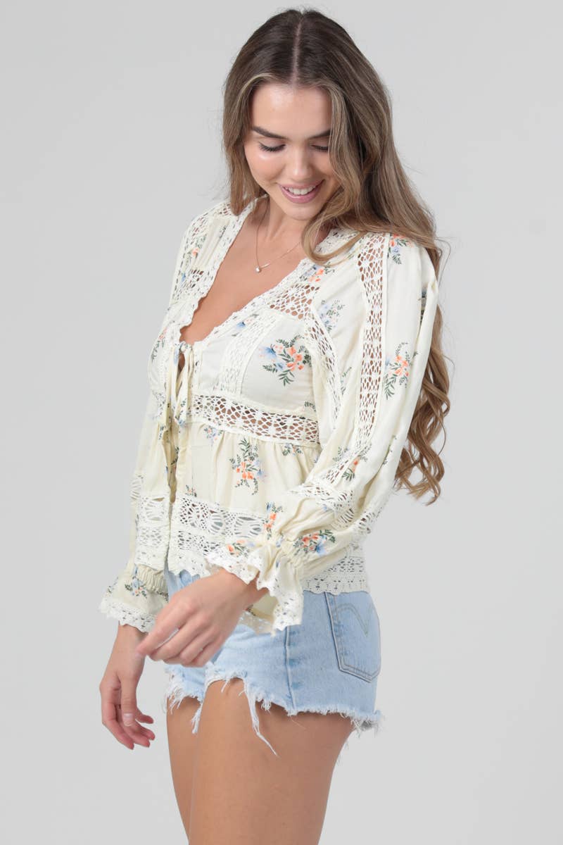 Ivory Boho Lace Trim Tie Front Top