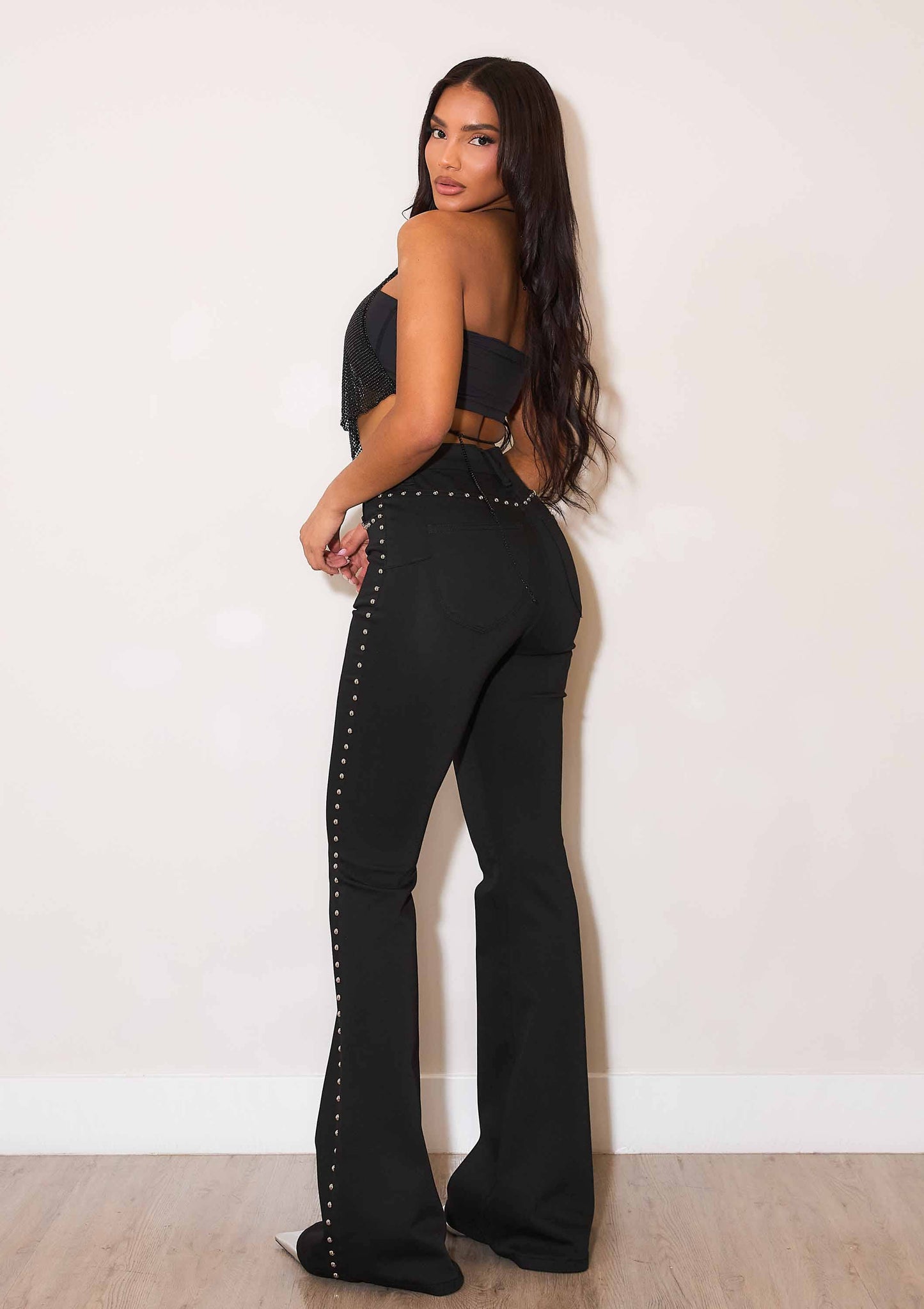 Black High-Rise Studded Flare Jeans