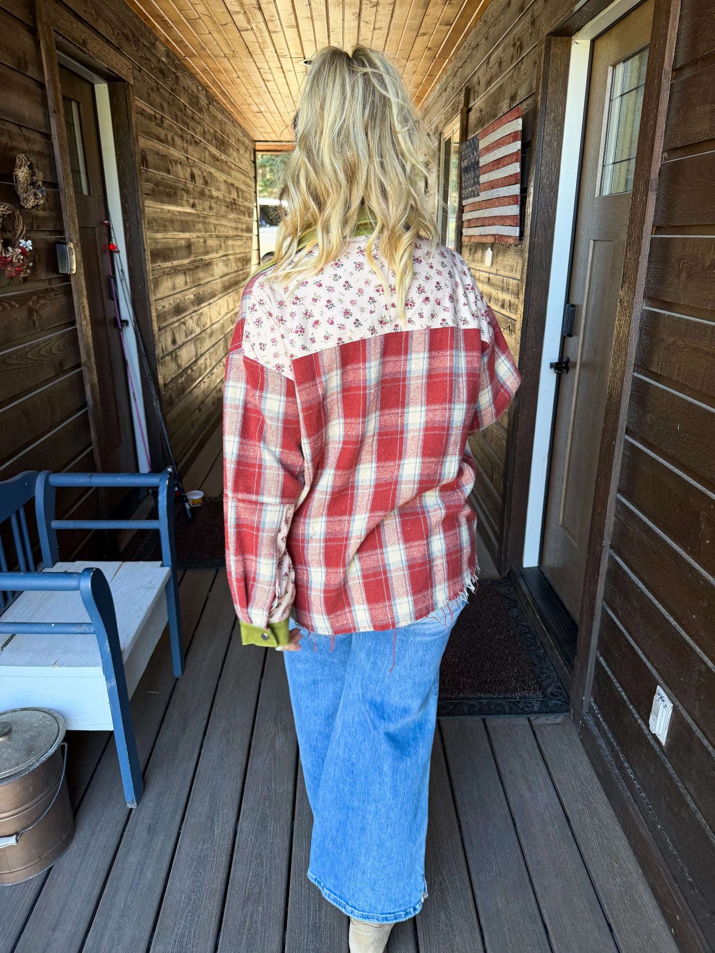 Rustic Red Cozy Patchwork Shacket PREO