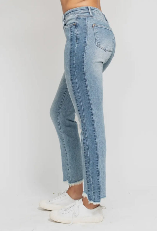 Judy Blue High Waist Vintage Wash Side Panel Detail & Hi Lo Fray Hem Slim - RTS