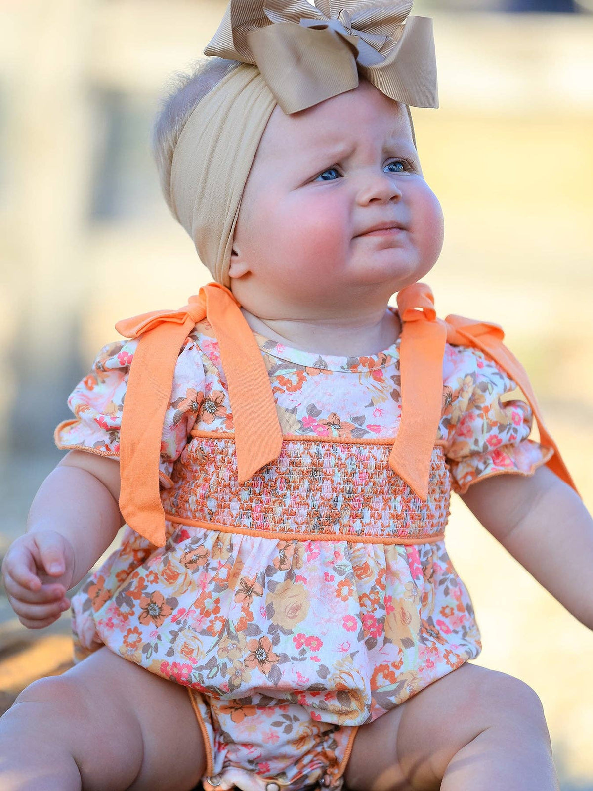 Peachy Bow Smocked Floral Bubble