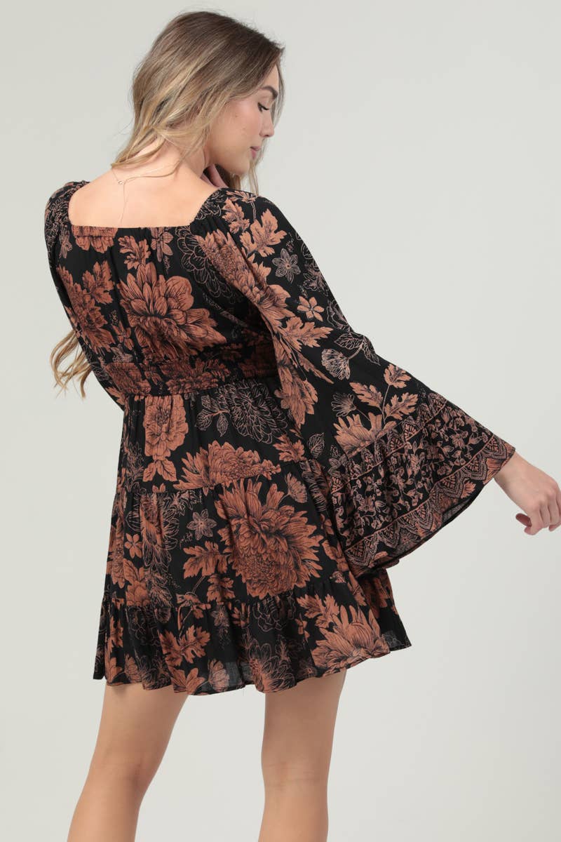River Smocked Waist Bell Sleeve Mini Dress