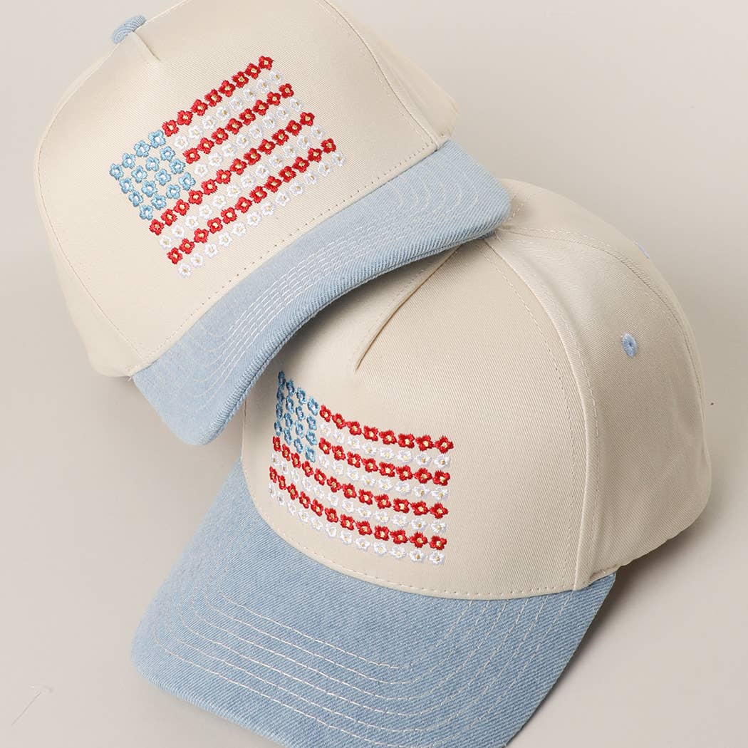 Floral American Flag Embroidered Hat