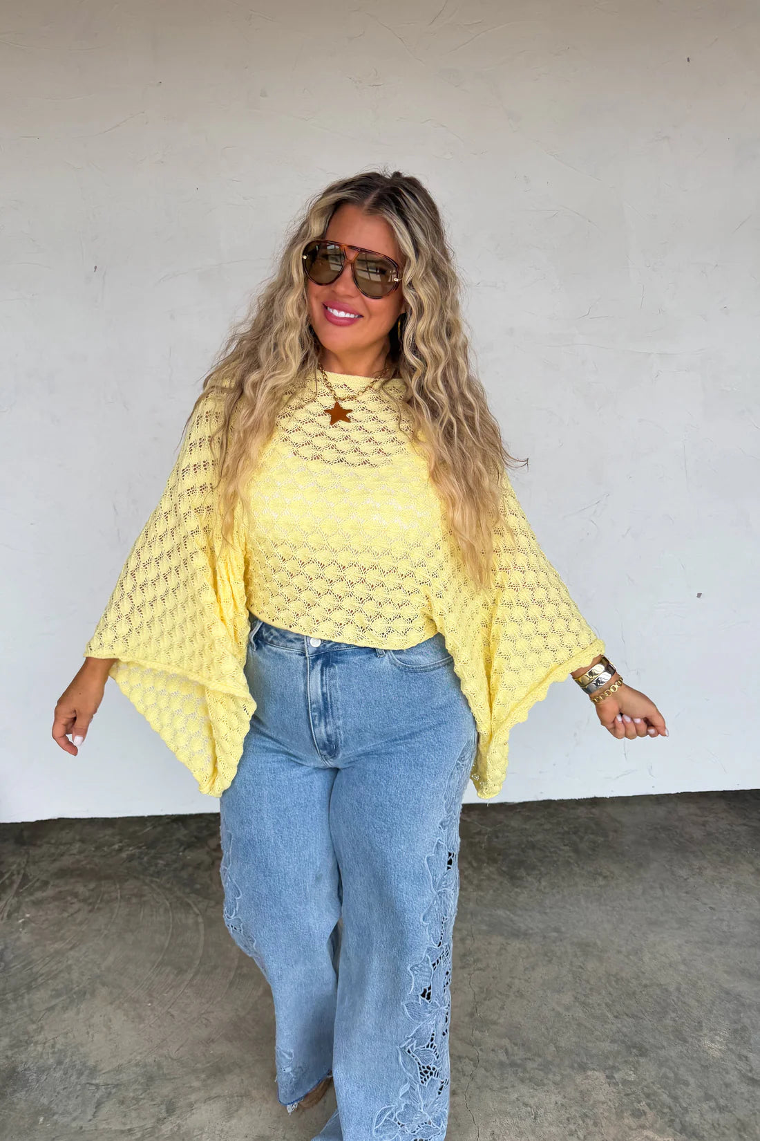 Lemon Boho Bell-Sleeve Knitted Top